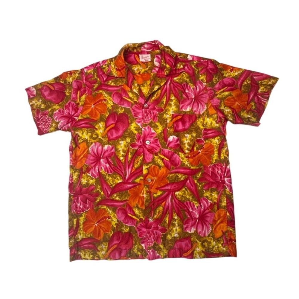 Vintage Ululani Sportswear Hawaii Aloha Shirt Pink Floral Collar Button Up M